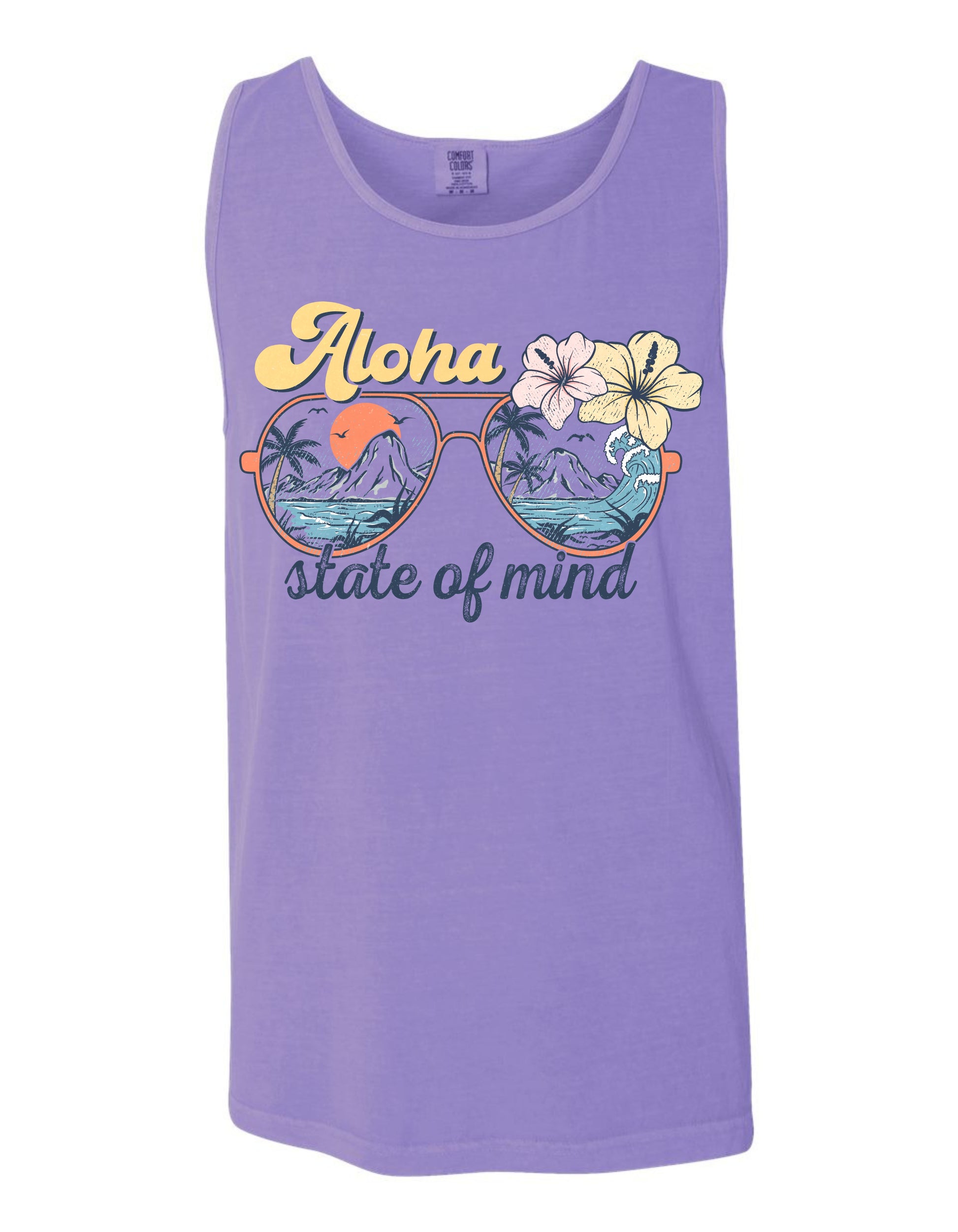 A purple tank top with a graphic design featuring sunglasses with tropical flowers and the text "Aloha state of mind".