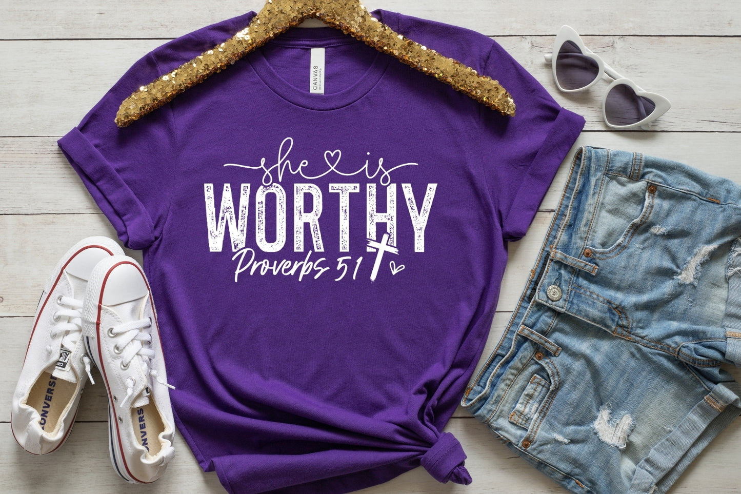 She is Worthy Religious Bible Verse T-shirt White Writing
