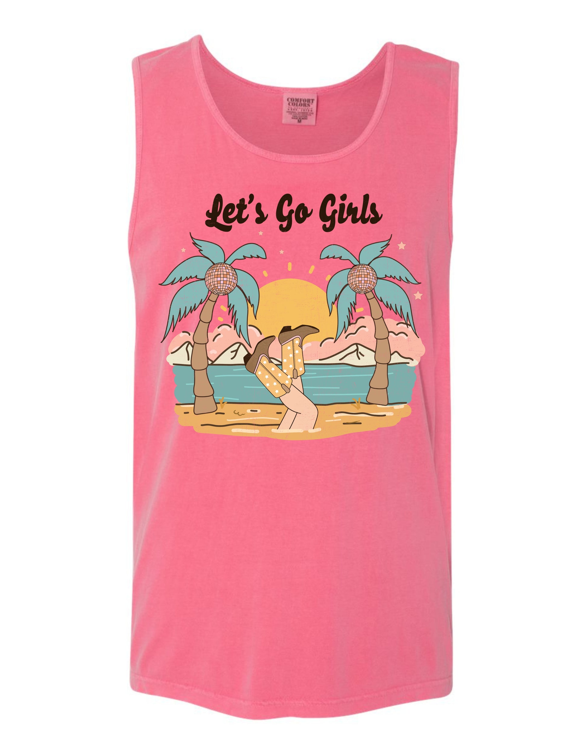 A pink tank top with a graphic design depicting a beach scene with palm trees, a sunset, and a person sitting on the beach.