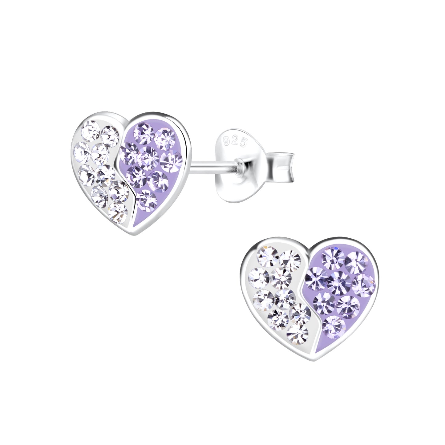 a pair of purple and white heart shaped earrings