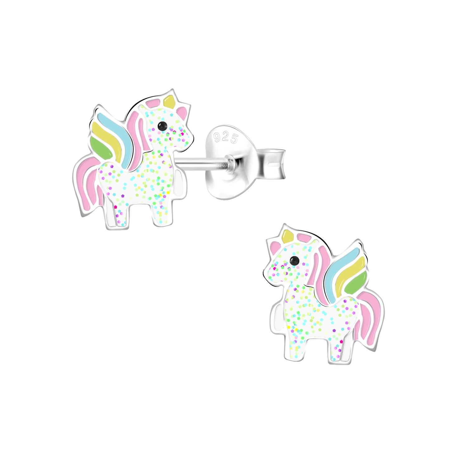 a pair of earrings with a unicorn design