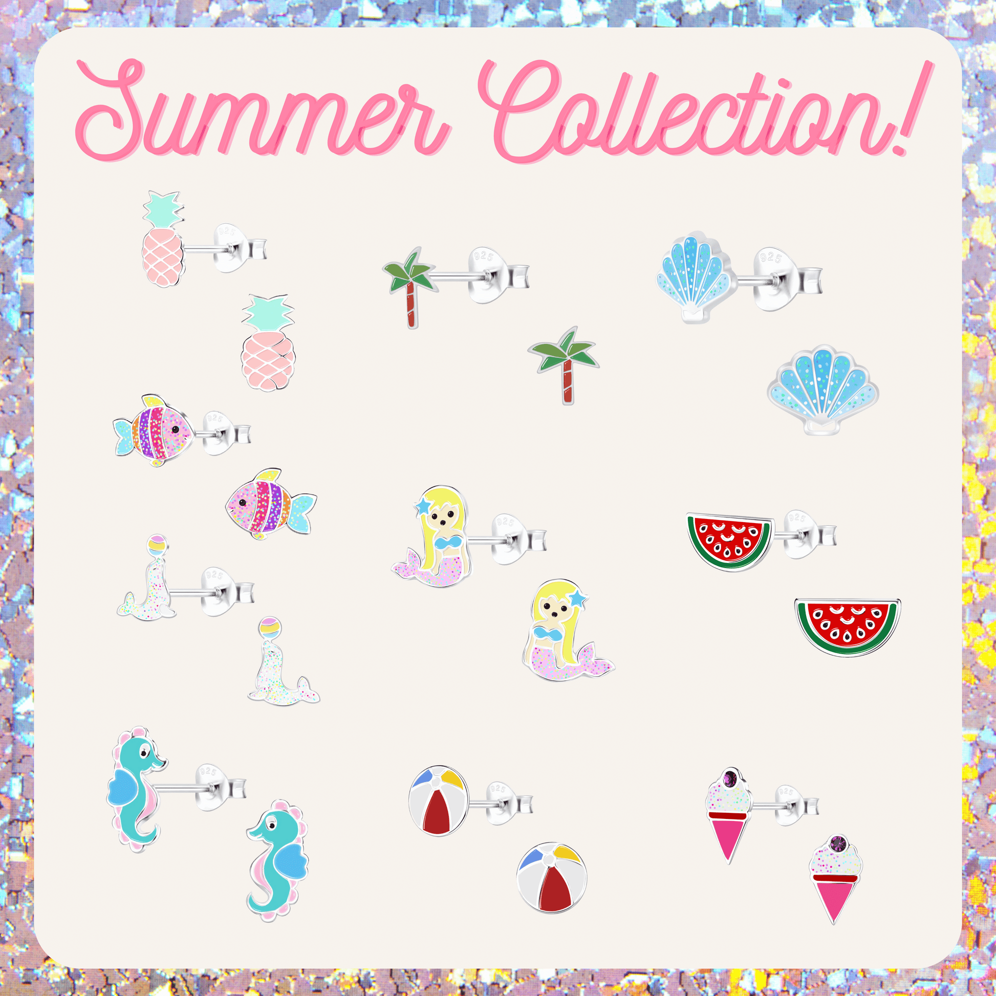 The image is a collection of summer-themed earrings, featuring various colorful and whimsical designs such as pineapples, fish, seashells, and other summer-related elements.