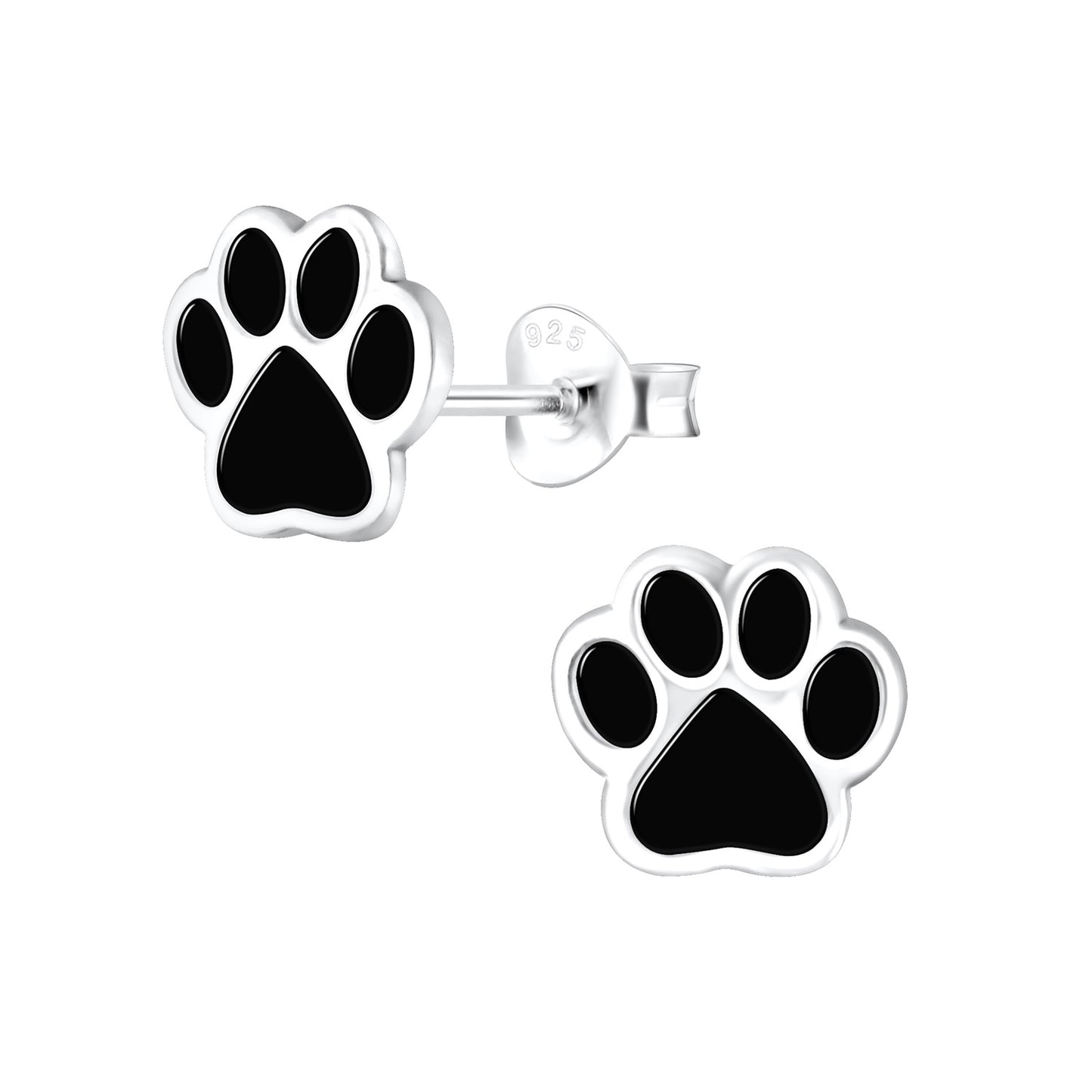 a pair of black and white paw print earrings