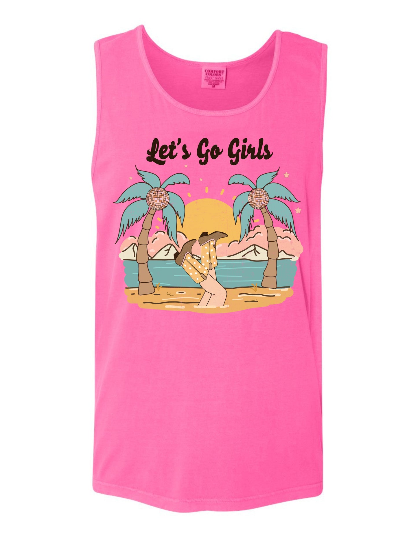 A pink tank top with a graphic design depicting a beach scene with palm trees, a sunset, and a person sitting on the beach.