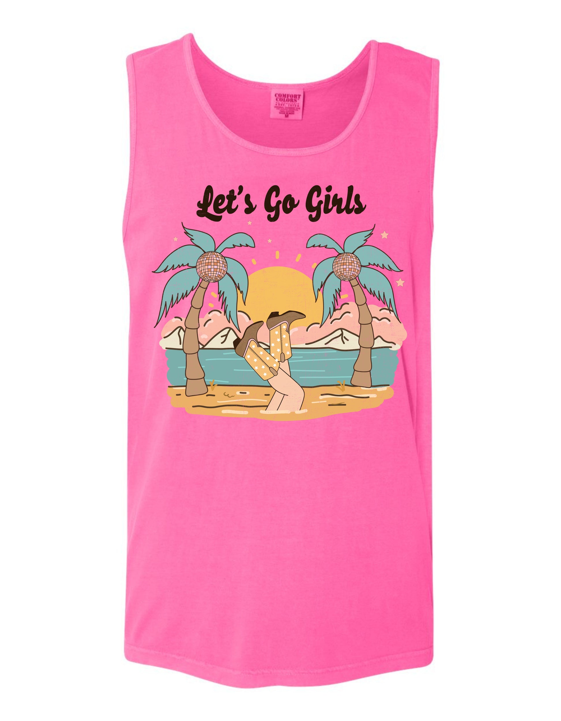 A pink tank top with a graphic design depicting a beach scene with palm trees, a sunset, and a person sitting on the beach.