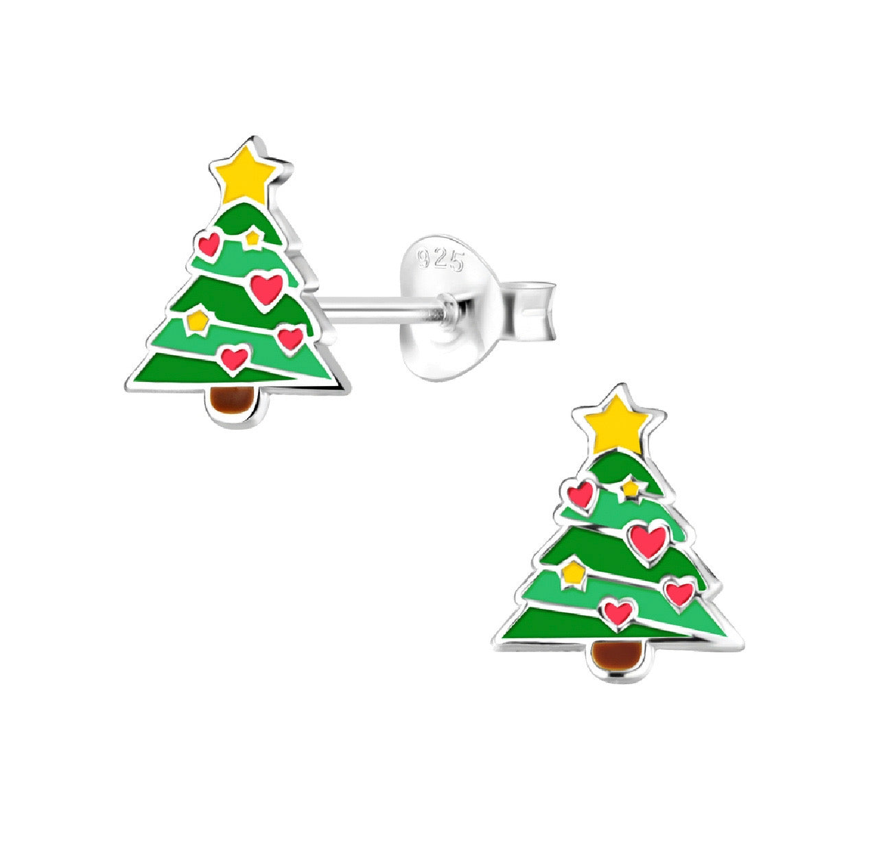 Christmas Tree with Heart Ornaments Sterling Silver Earring Studs