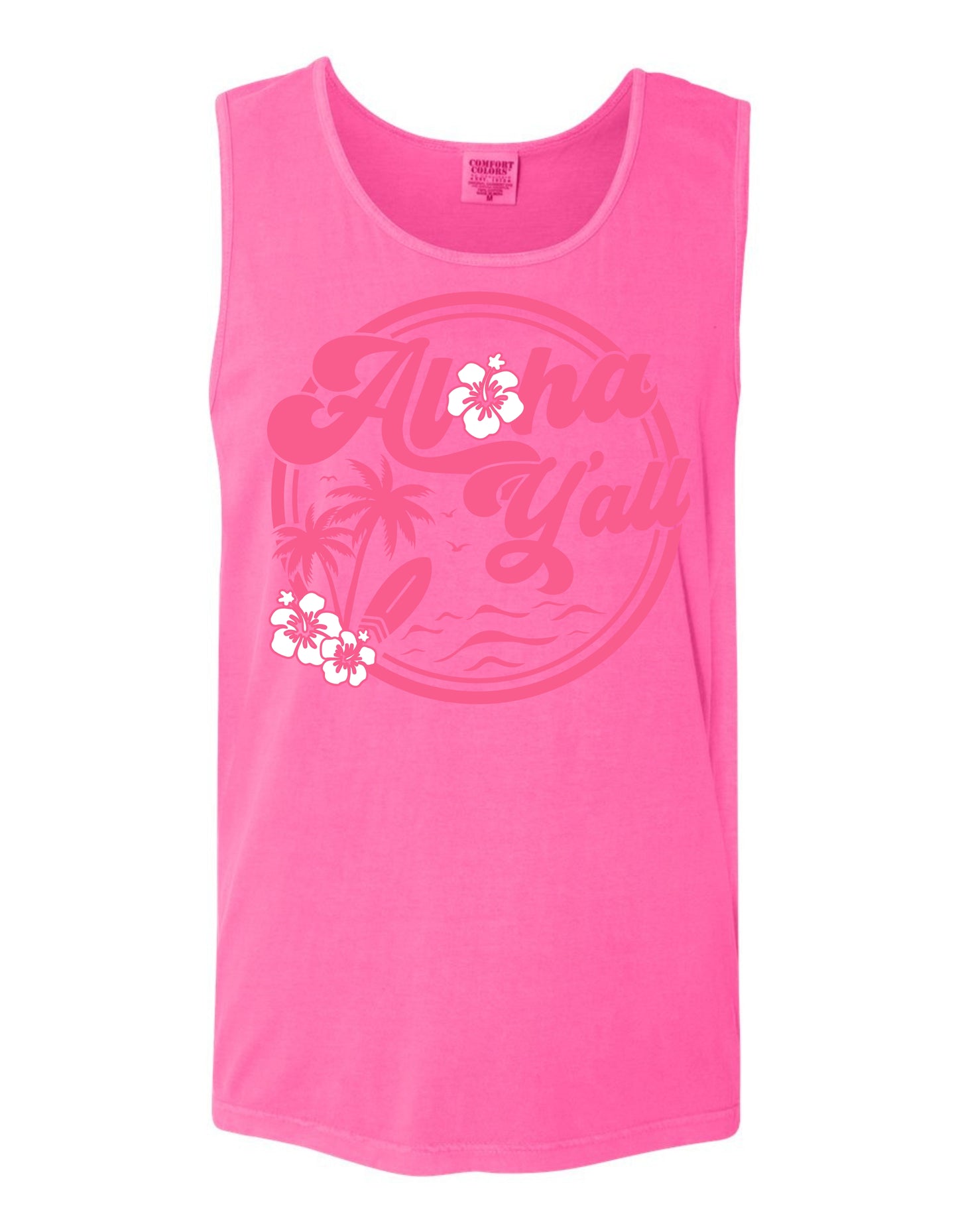 A pink tank top with the text "Aloha Yall" printed on it, along with a circular design featuring palm trees and flowers.
