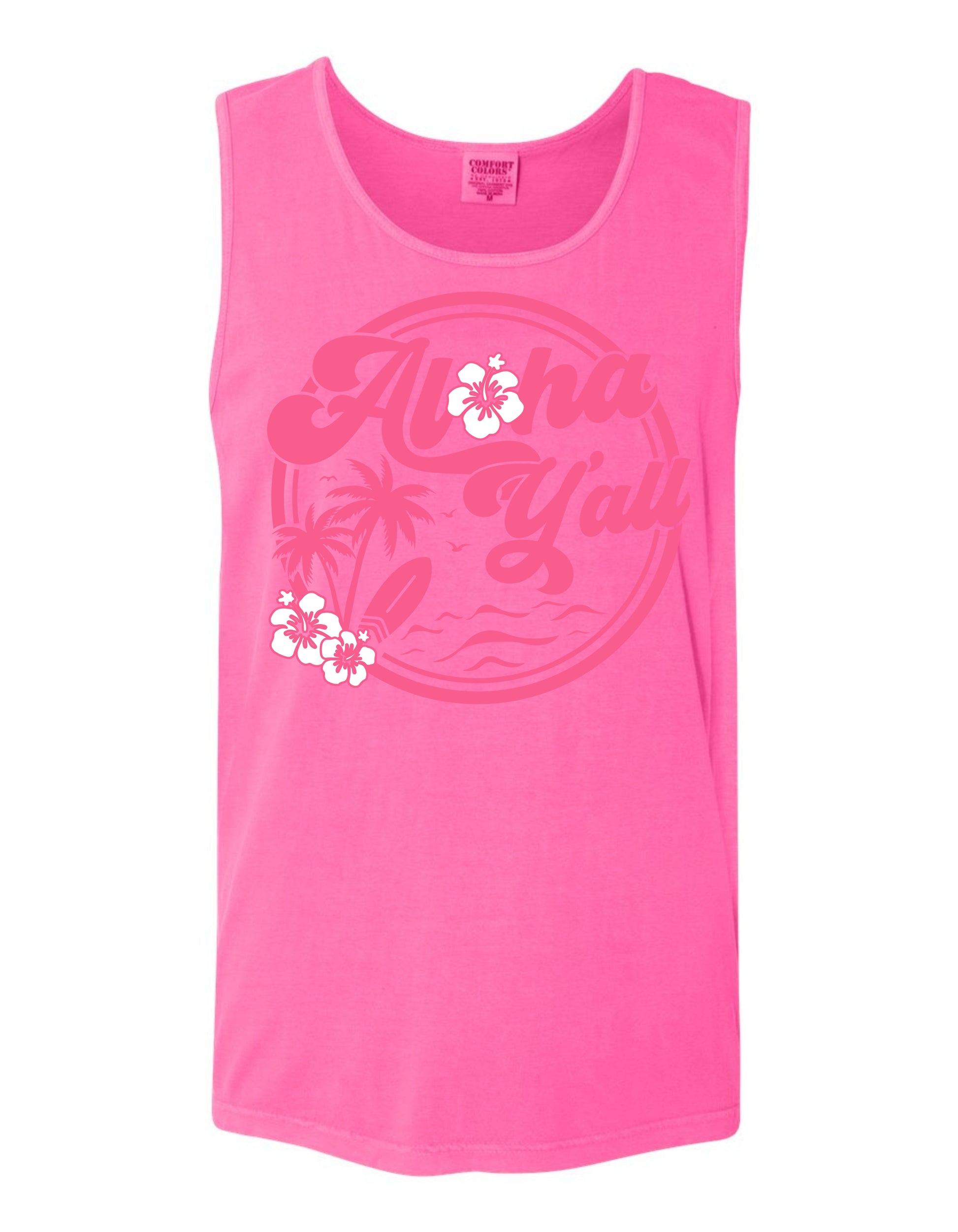 A pink tank top with the text "Aloha Yall" printed on it, along with a circular design featuring palm trees and flowers.
