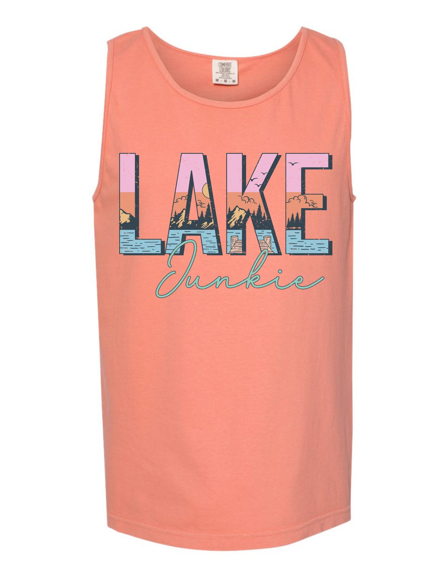 A tank top with the word "LAKES" printed on it in a stylized font, along with the word "JUNKIE" below it.
