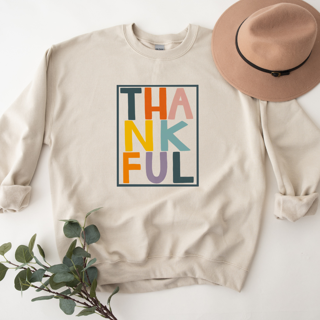 Rectangular Thankful Colorful Women's Fall Sweatshirt