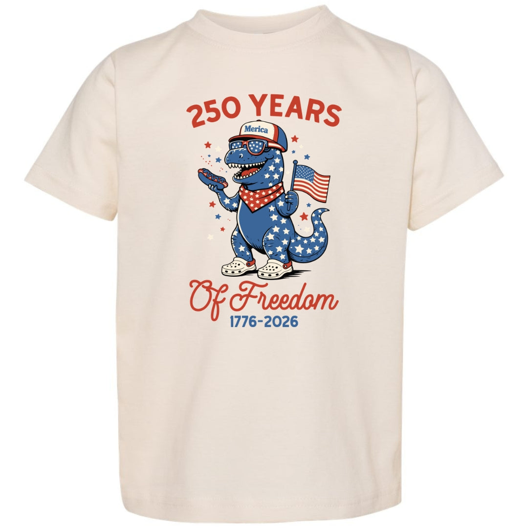 Kids 250 Years of Freedom T-Shirt | Patriotic Dinosaur Toddler & Youth Tee