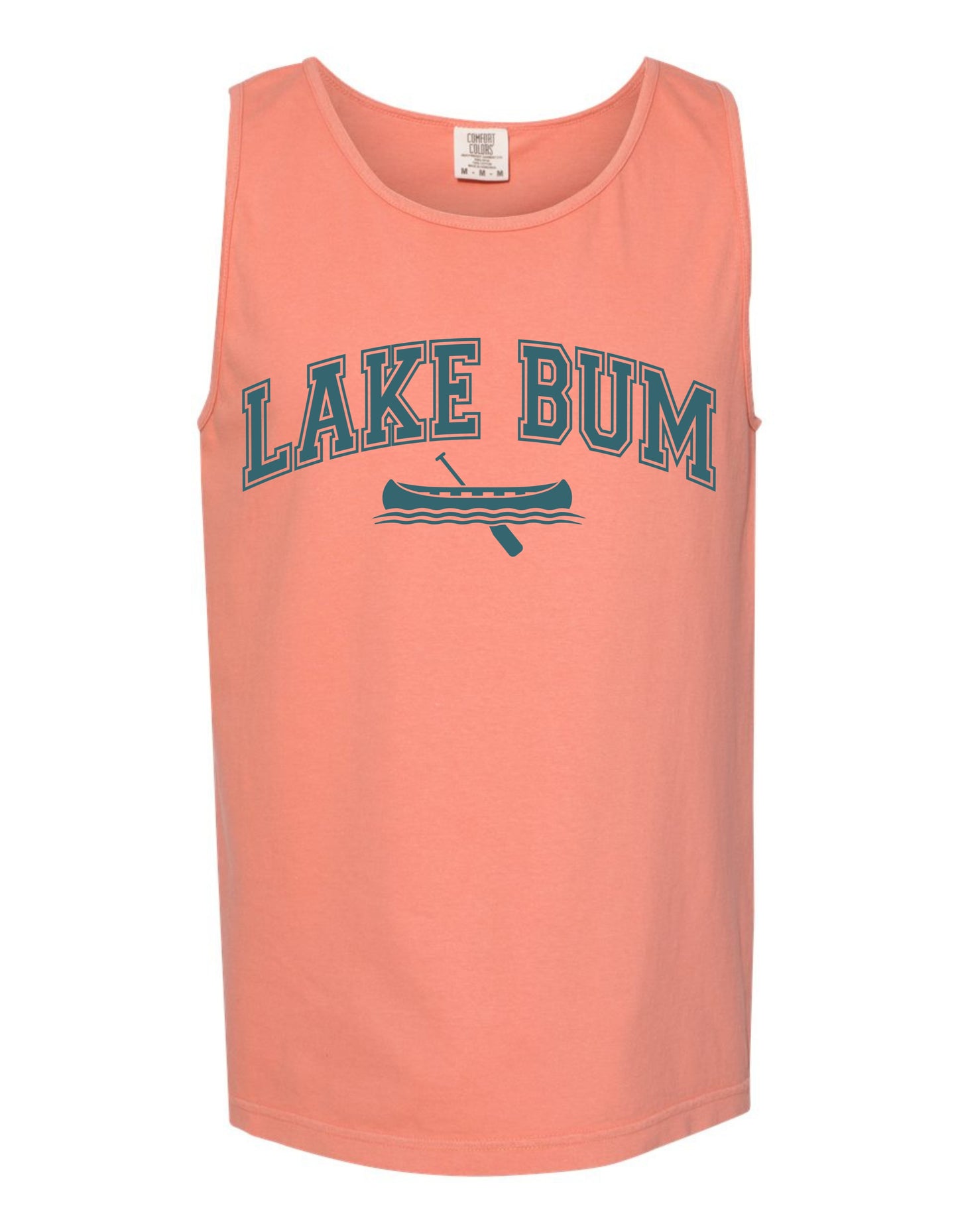 A peach-colored tank top with the text "LAKEBUM" printed on it, along with a graphic of a canoe.