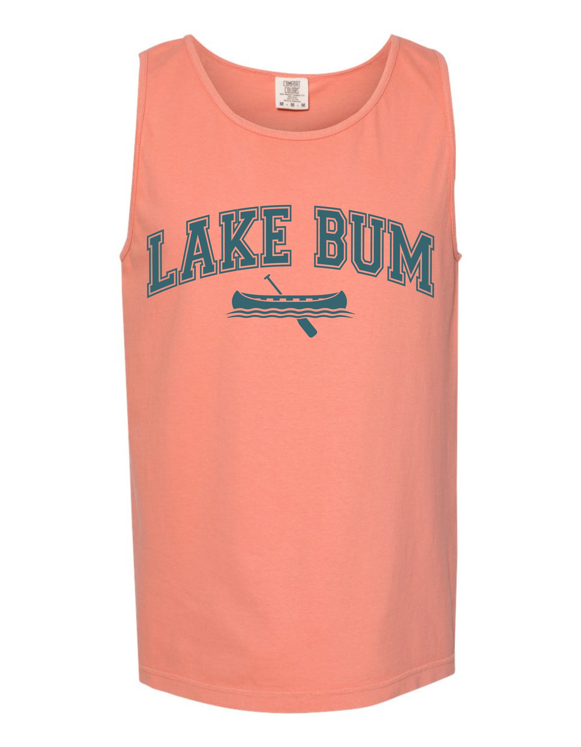 A peach-colored tank top with the text "LAKEBUM" printed on it, along with a graphic of a canoe.