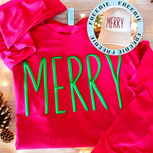 Merry Bella Canvas Long Sleeve Christmas Shirt with free Merry Hat