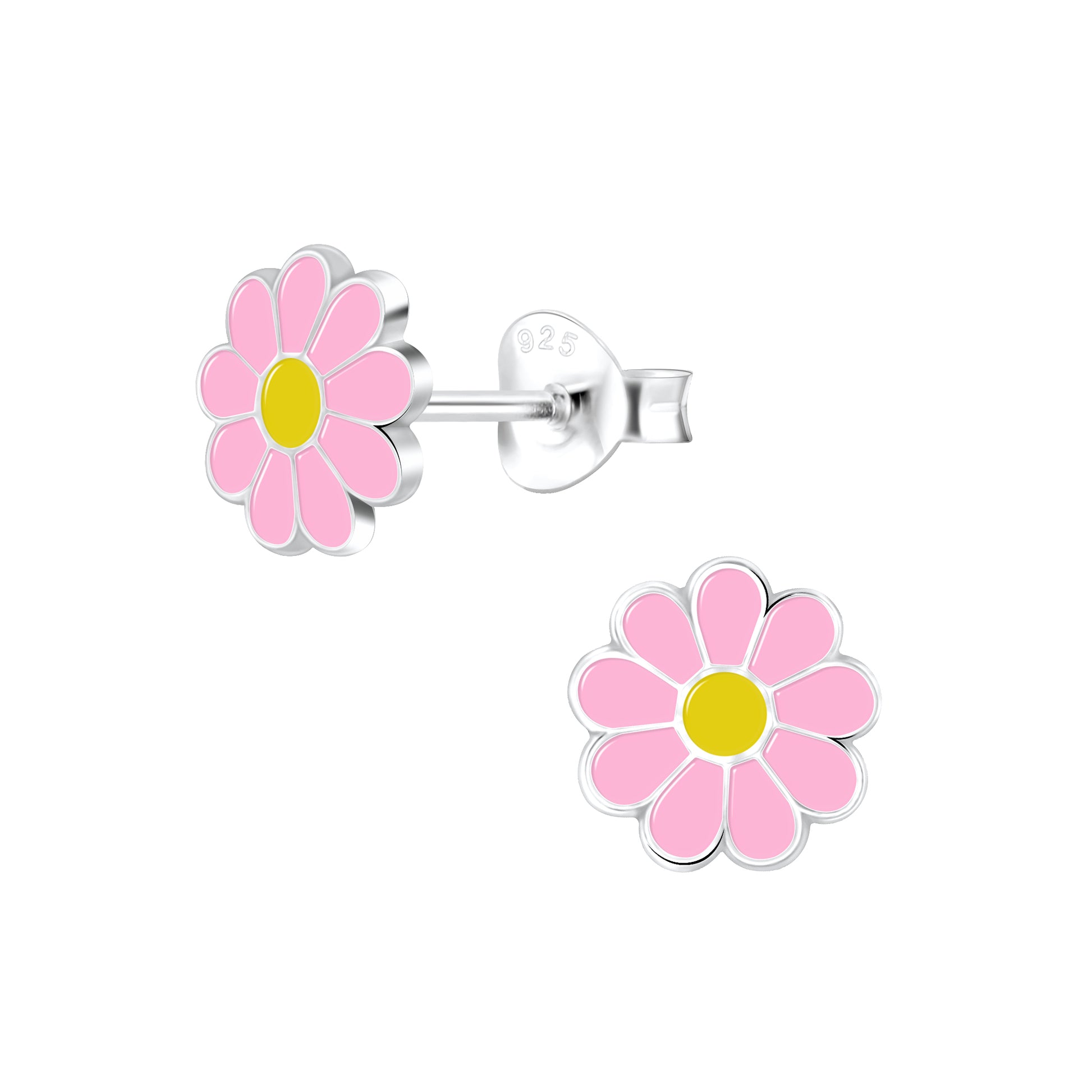 a pair of pink and yellow flower earrings