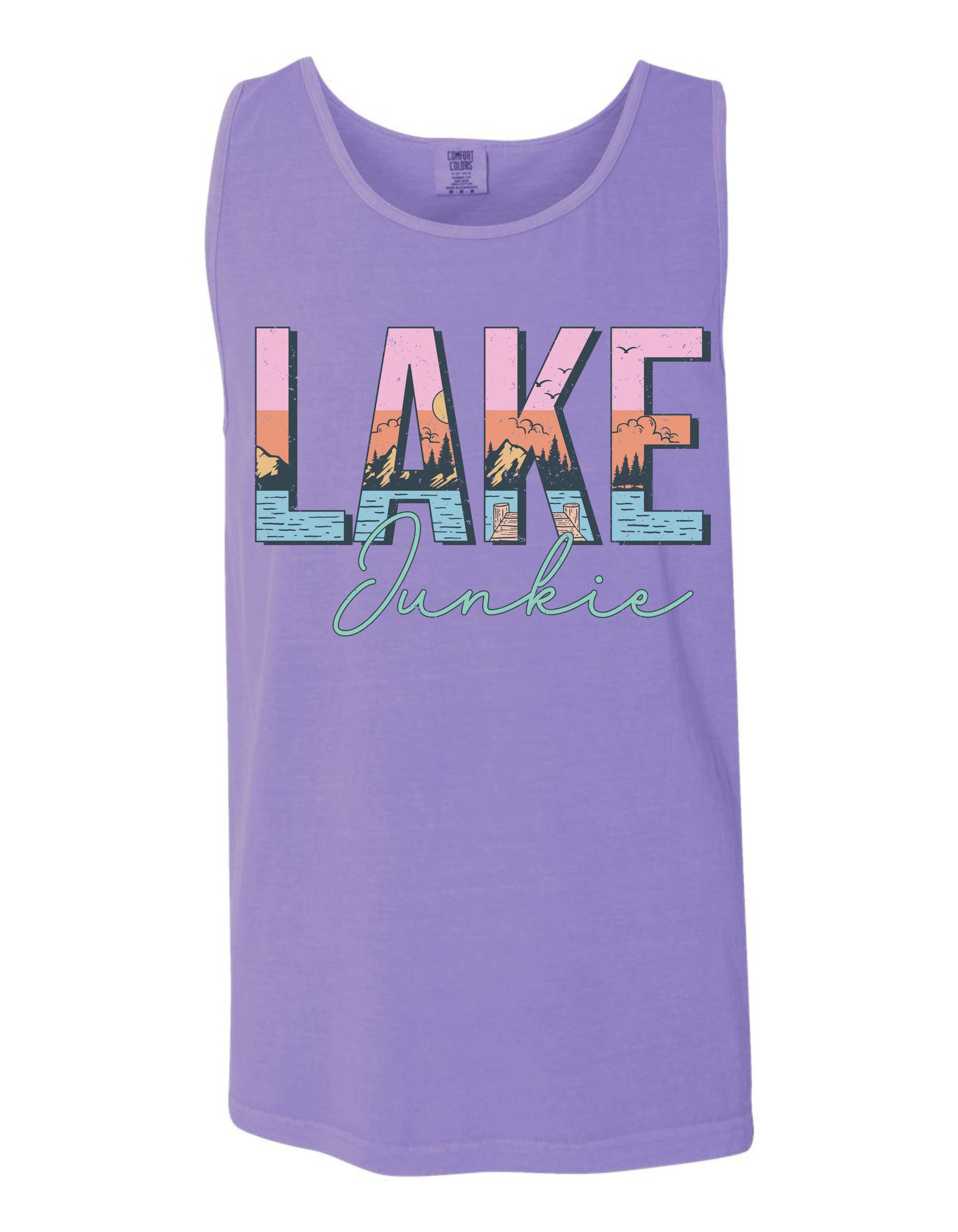 A purple tank top with the word "LAKE" and "JUNKIE" printed on it.