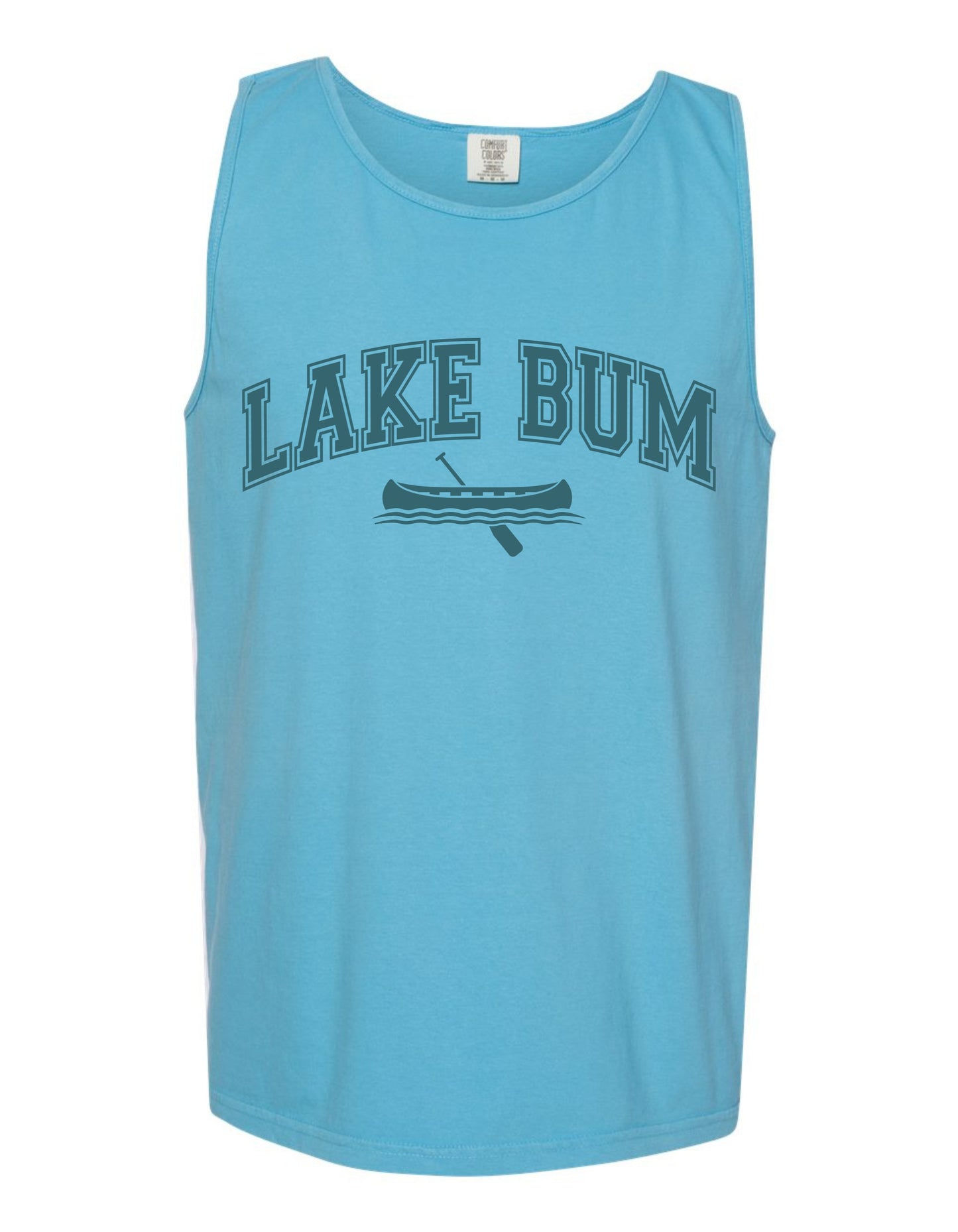 A light blue tank top with the text "LAKEBUM" printed on it.