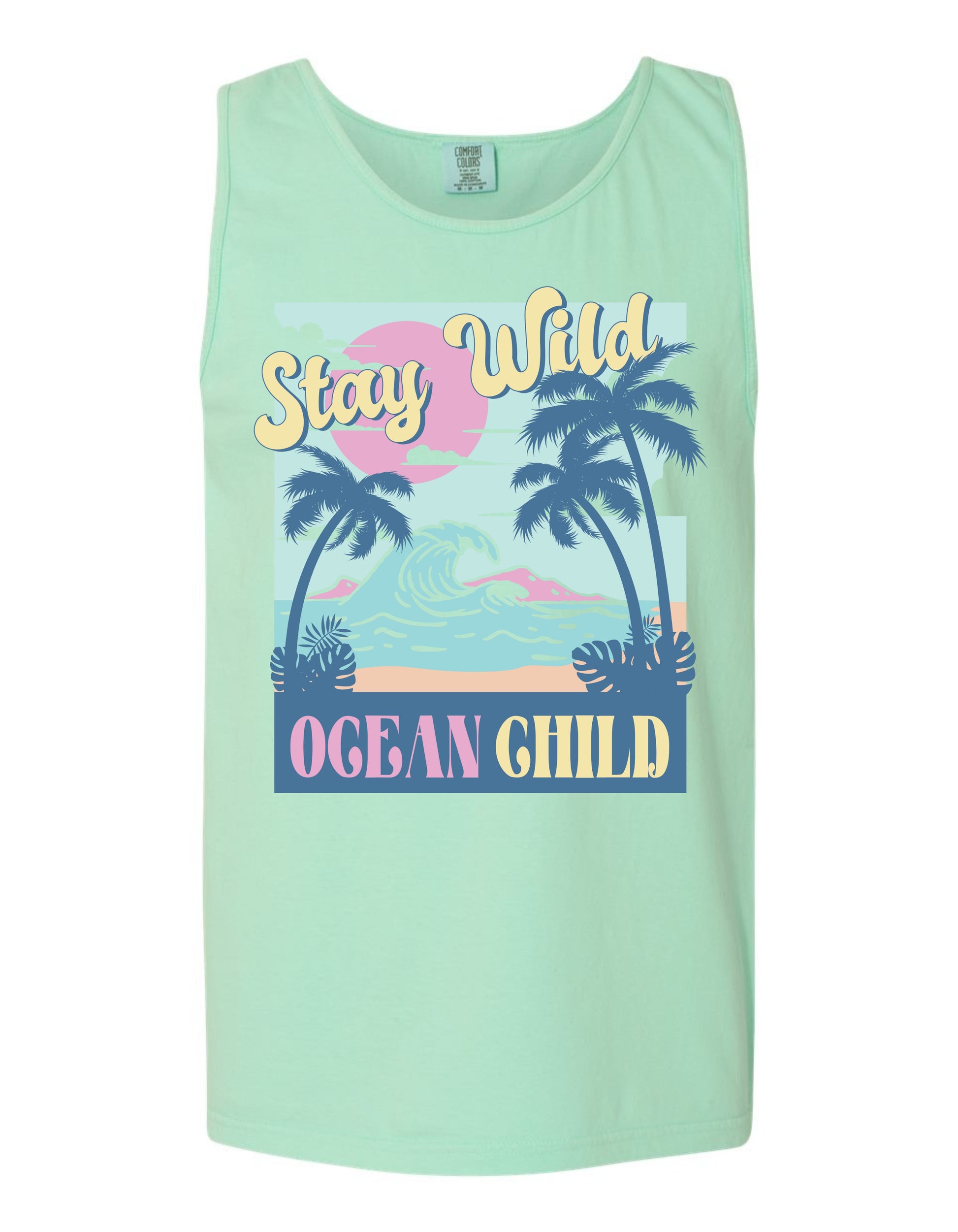 A mint green tank top with a graphic design featuring palm trees, a sunset, and the text "Stay Wild Ocean Child" in a playful, retro style.