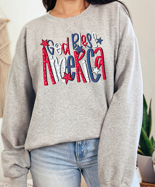 God Bless America Sweatshirt | Patriotic Graphic Crewneck | Red White Blue USA Top