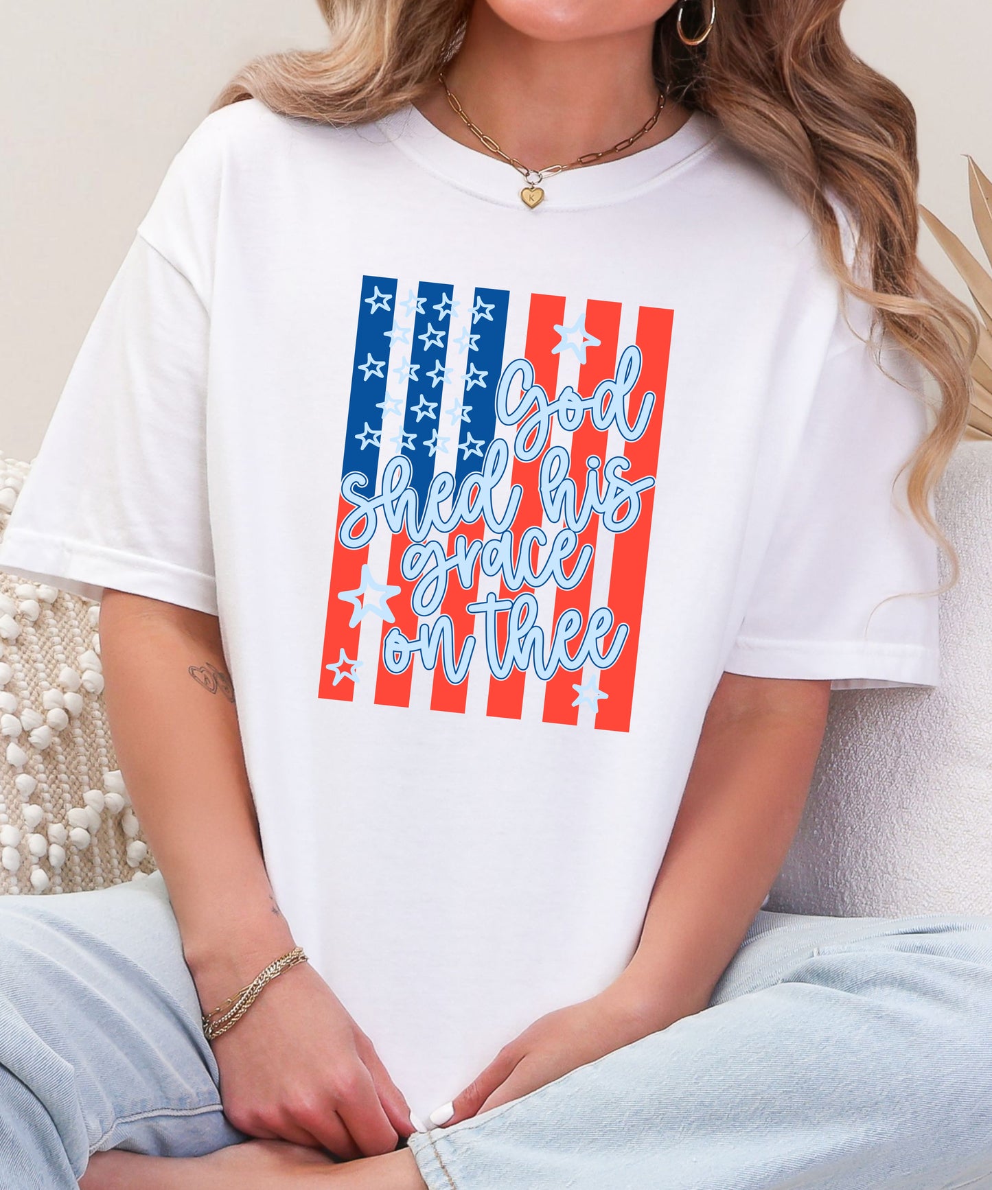God Shed His Grace Patriotic T-Shirt | Vintage Flag Faith Comfort Colors Tee