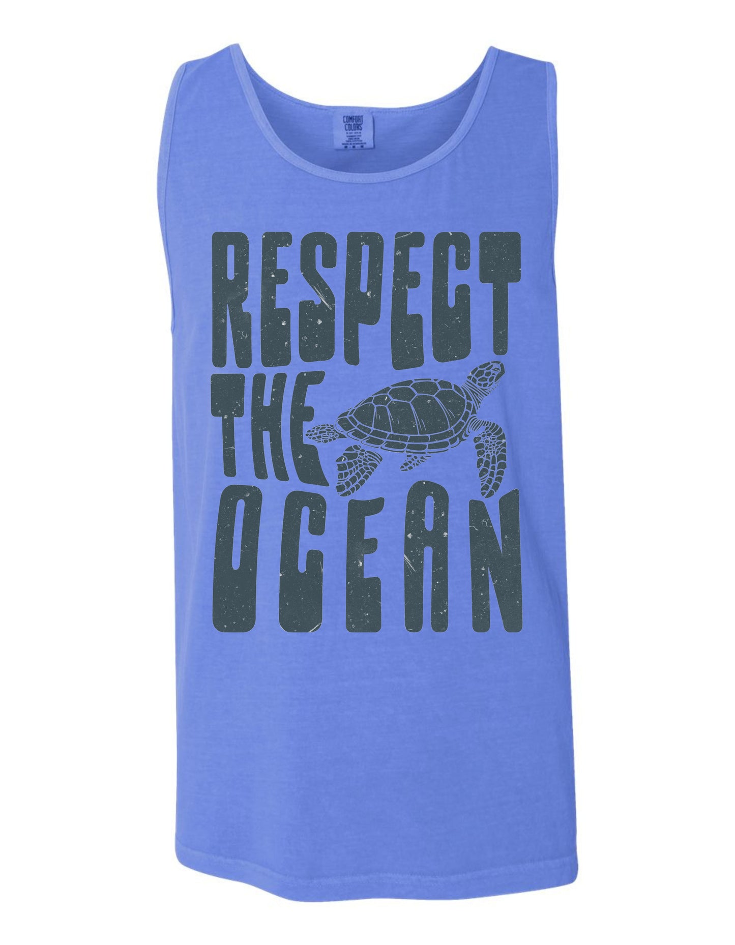 A blue tank top with the text "RESPECT THE OCEAN" printed on it, along with a graphic of a turtle.