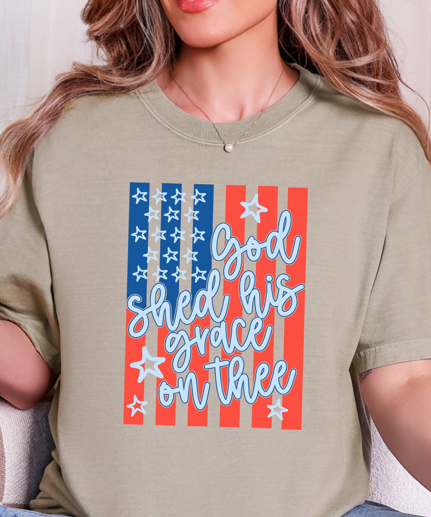 God Shed His Grace Patriotic T-Shirt | Vintage Flag Faith Comfort Colors Tee