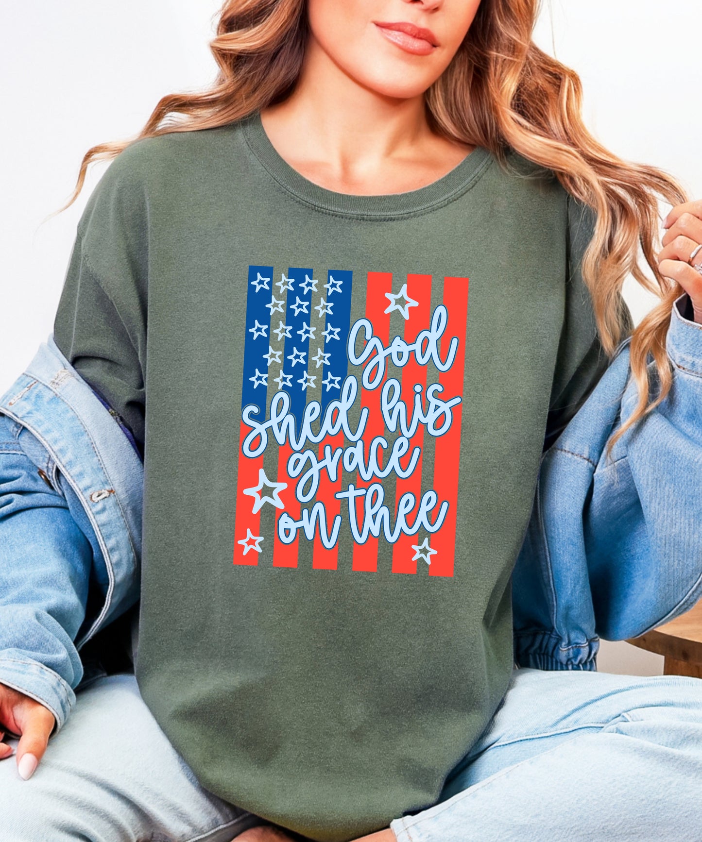 God Shed His Grace Patriotic T-Shirt | Vintage Flag Faith Comfort Colors Tee
