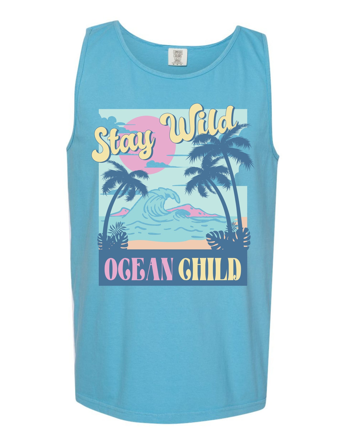 A blue tank top with a graphic design featuring palm trees, a sunset, and the text "Stay Wild Ocean Child" printed on it.
