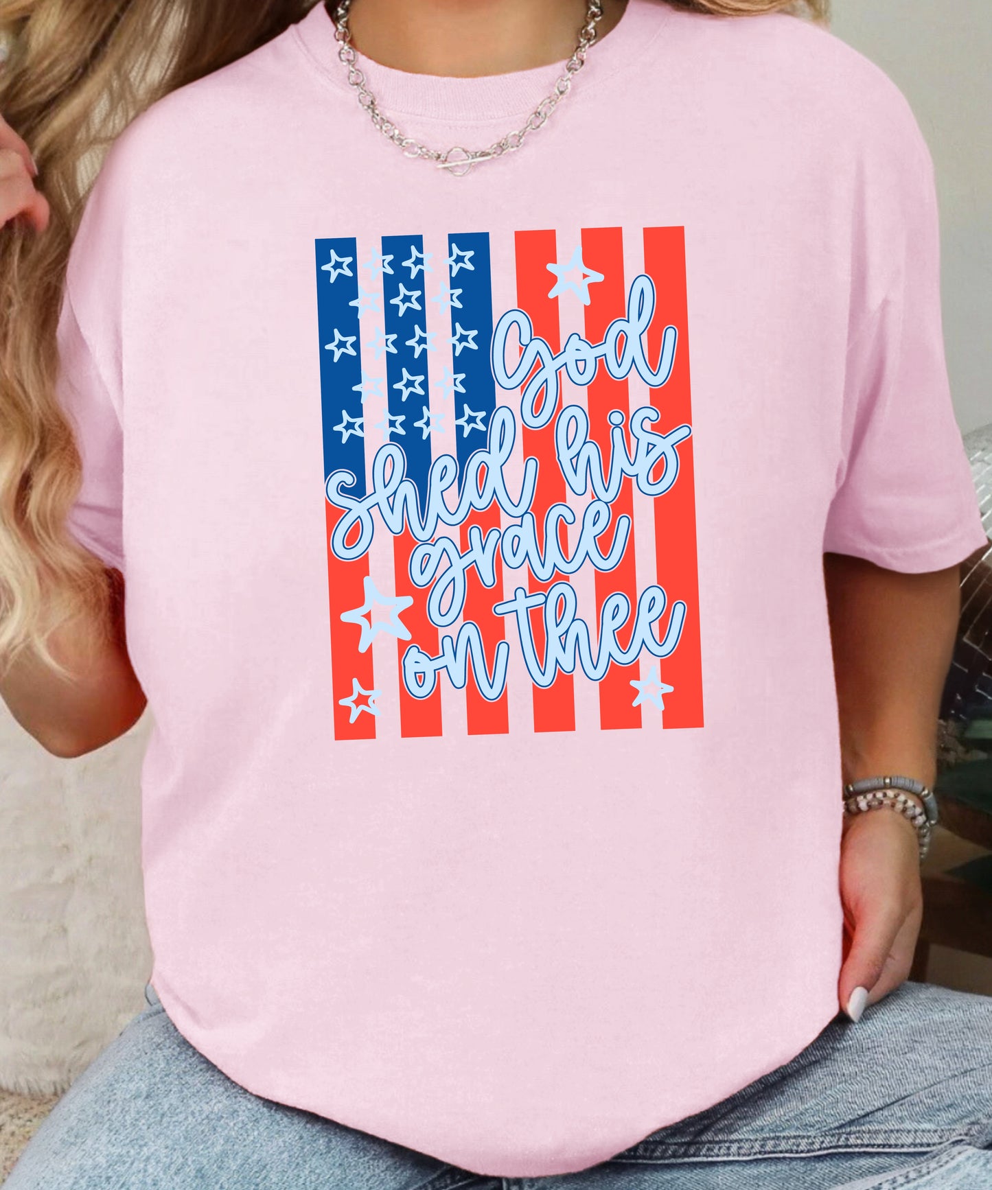 God Shed His Grace Patriotic T-Shirt | Vintage Flag Faith Comfort Colors Tee