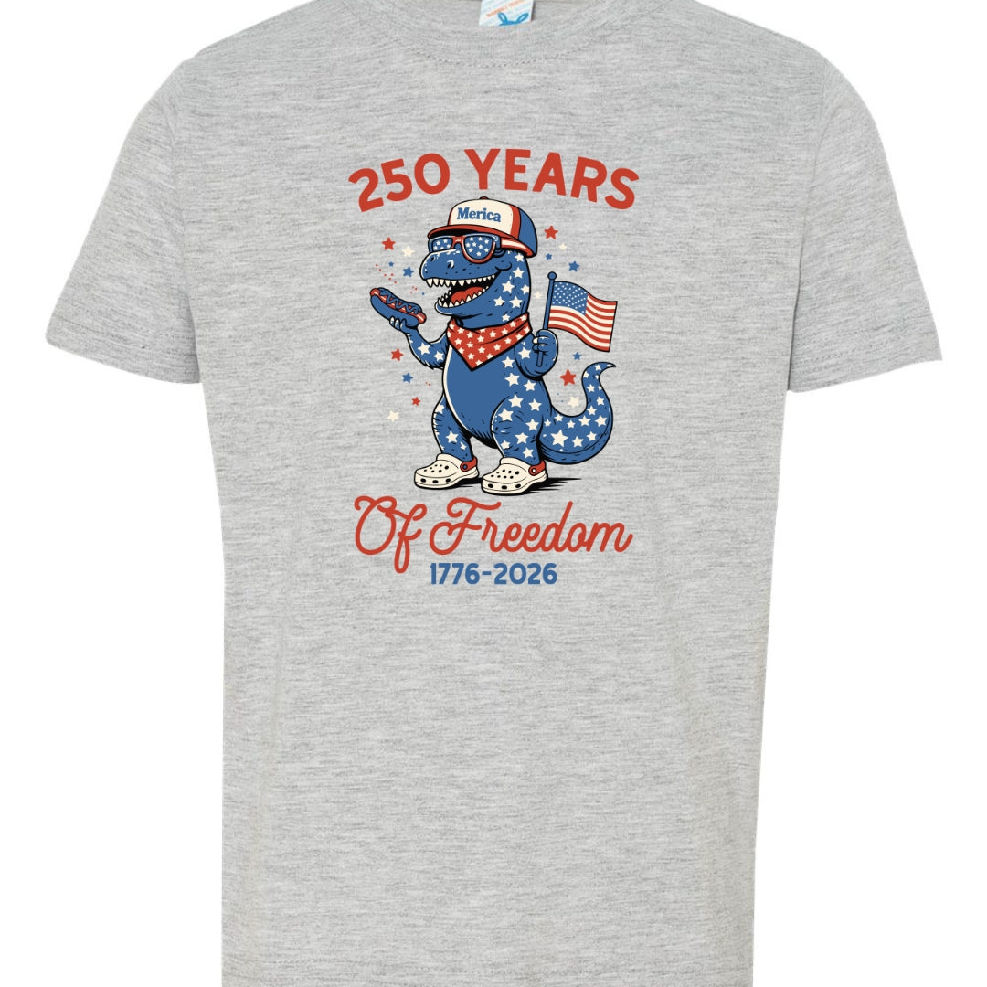 Kids 250 Years of Freedom T-Shirt | Patriotic Dinosaur Toddler & Youth Tee