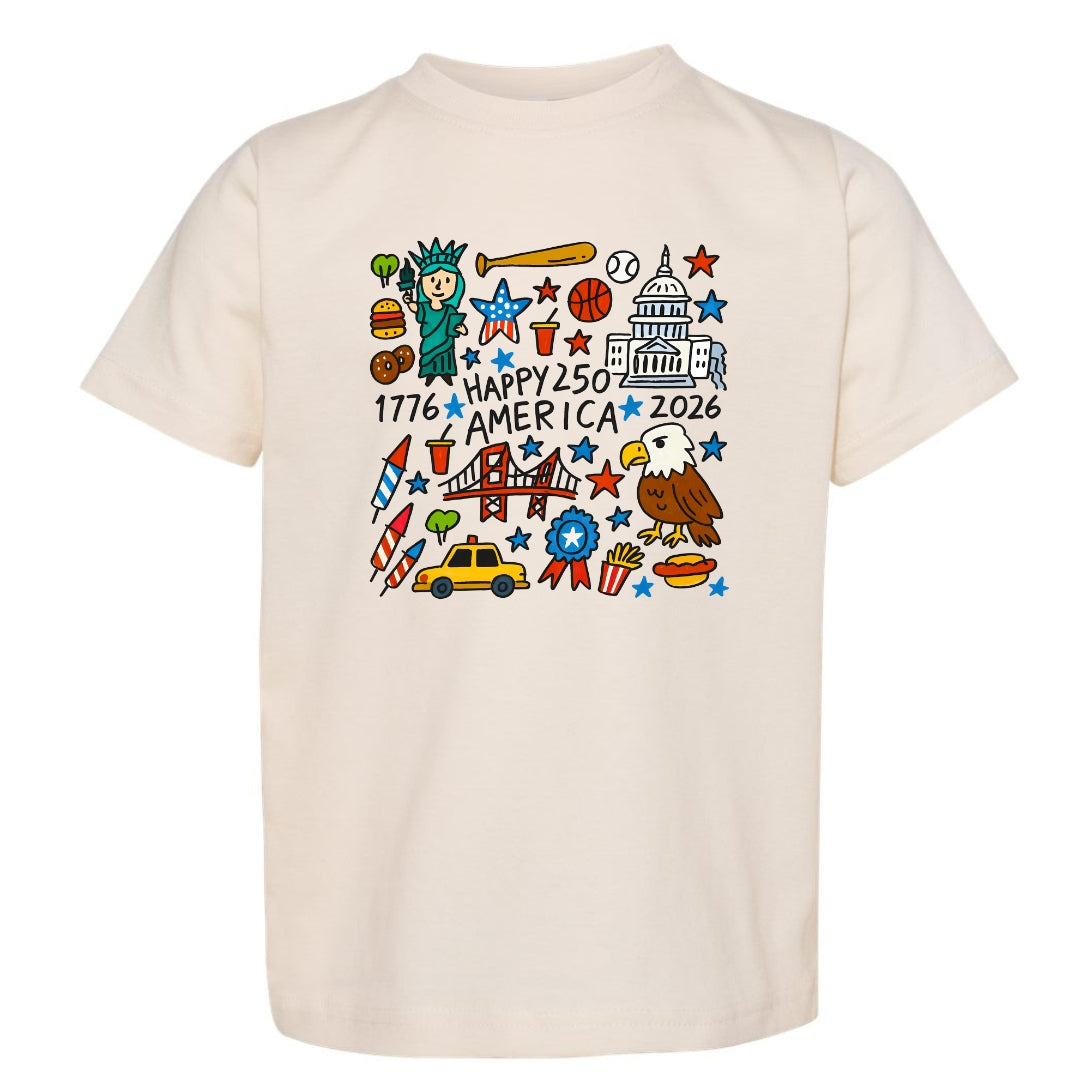 Happy 250 America Kids T-Shirt | Patriotic Doodle Toddler & Youth Tee