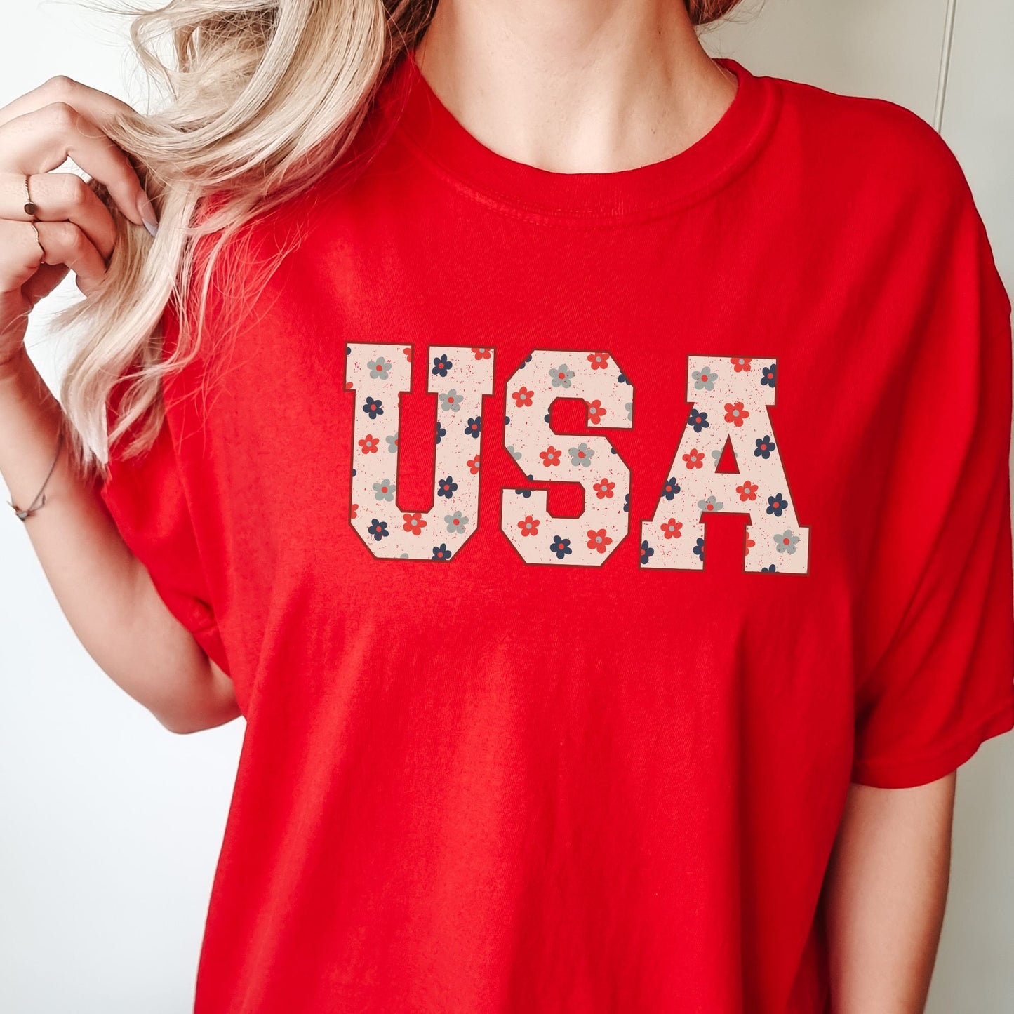 USA Floral Patriotic July 4th Memorial Day Tshirt Comfort Colors