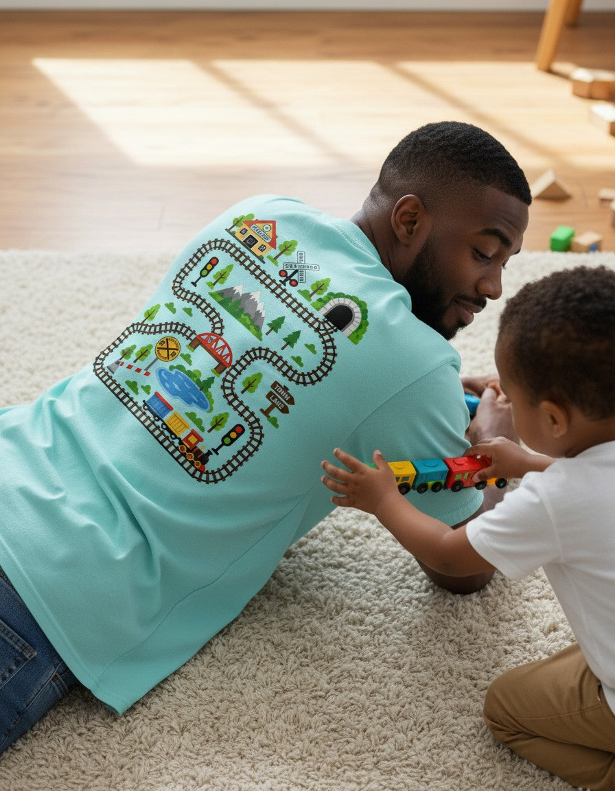 Tired Dads Club Train Shirt, Play Mat Tshirt for Dad, Interactive Tee, Fun Dad Gift, Train Engineer Shirt, Sensory Play Tee