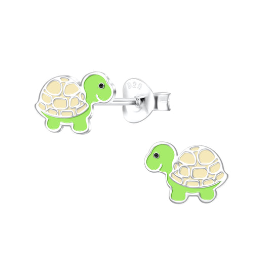 a pair of green turtle earrings on a white background