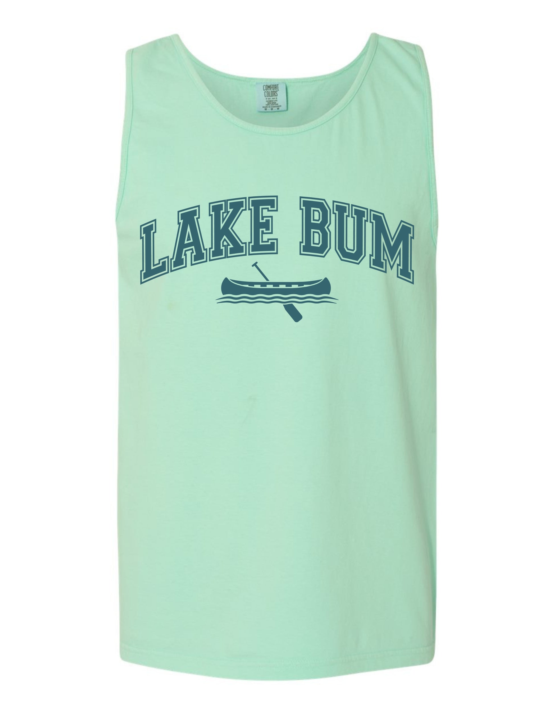 A mint green tank top with the text "LAKEBUM" printed on it.