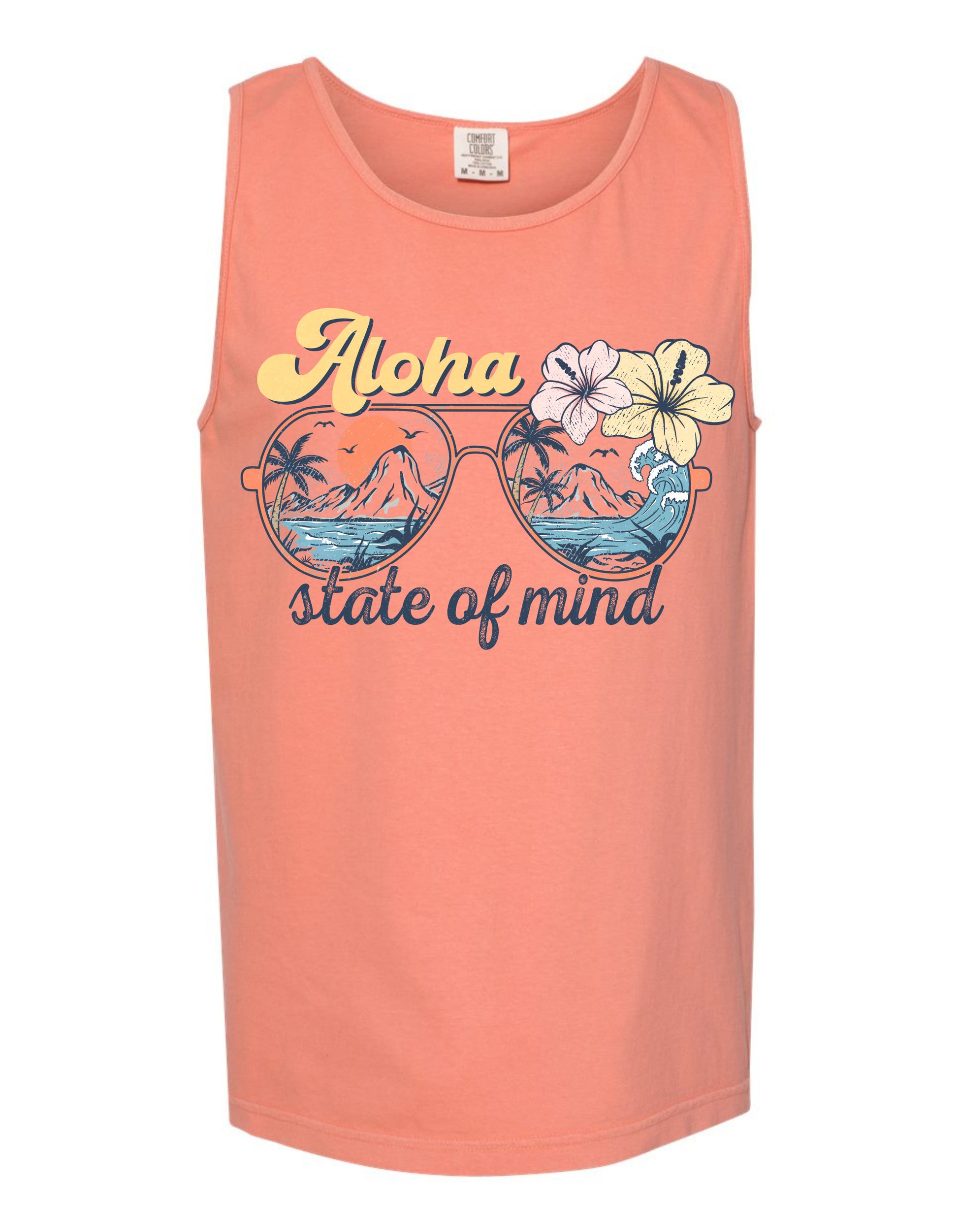 A pink tank top with a graphic design featuring sunglasses and flowers, along with the text "Aloha state of mind".