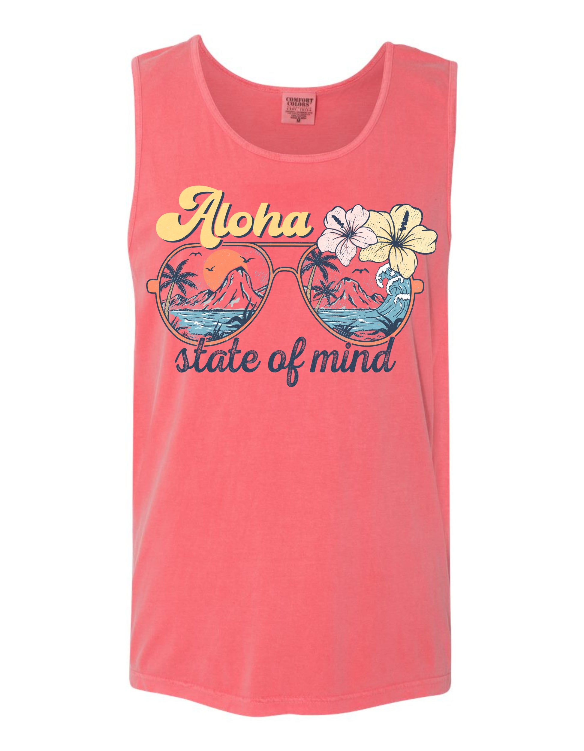 A pink tank top with a graphic design featuring sunglasses with tropical flowers and the text "Aloha state of mind" printed on it.