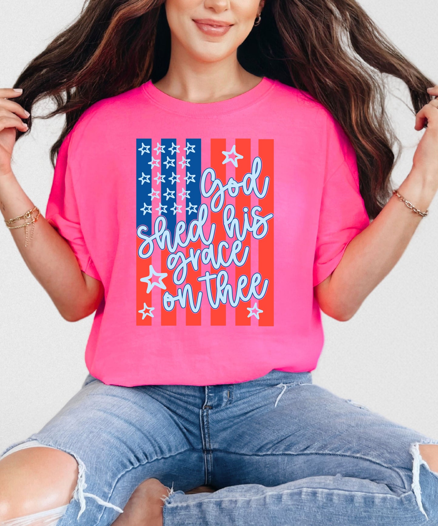 God Shed His Grace Patriotic T-Shirt | Vintage Flag Faith Comfort Colors Tee