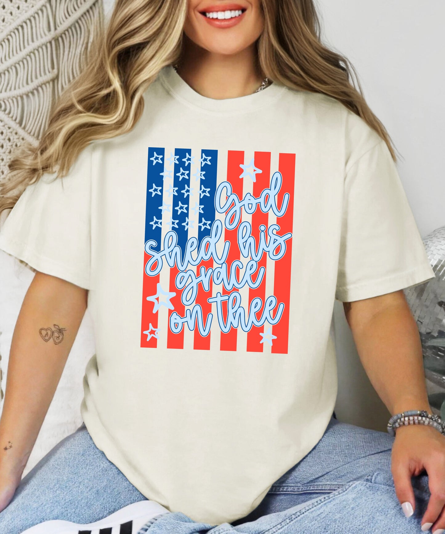 God Shed His Grace Patriotic T-Shirt | Vintage Flag Faith Comfort Colors Tee