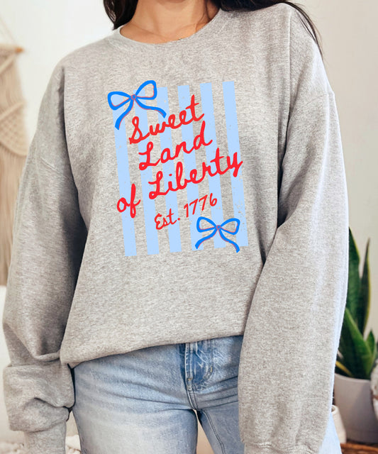 Sweet Land of Liberty Sweatshirt | Cute Patriotic Bow Crewneck | America 1776 Feminine USA Pullover