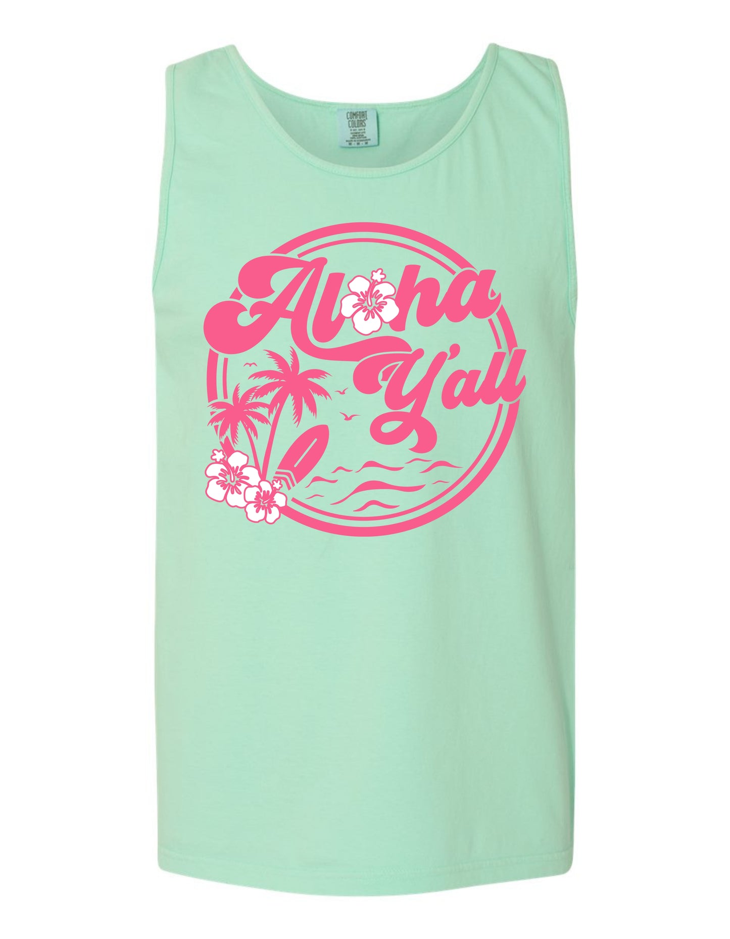 A mint green tank top with a graphic design featuring a circular border with the text "Aloha Y'all" and a palm tree and flower design.