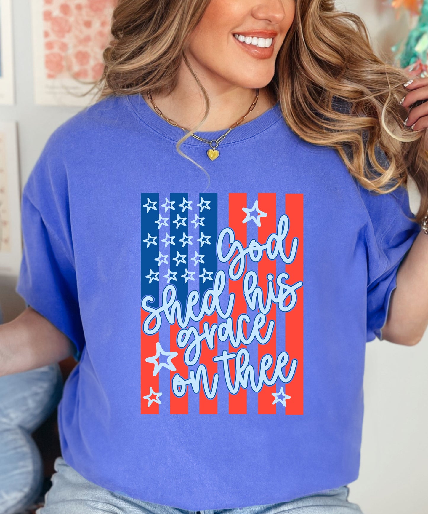 God Shed His Grace Patriotic T-Shirt | Vintage Flag Faith Comfort Colors Tee