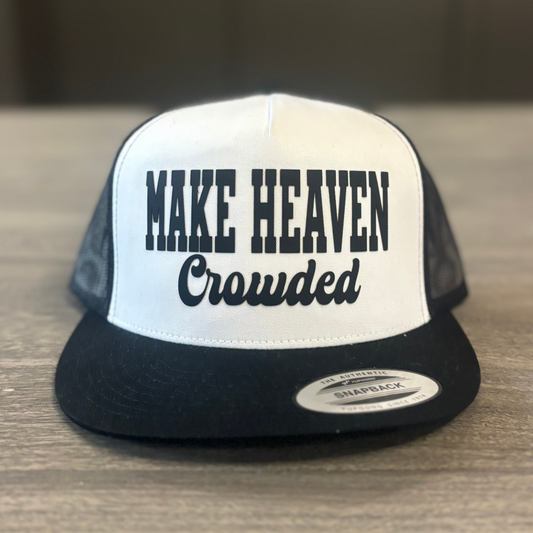 A white and black baseball cap with the text "MAKE HEAVEN Crowded" printed on it.