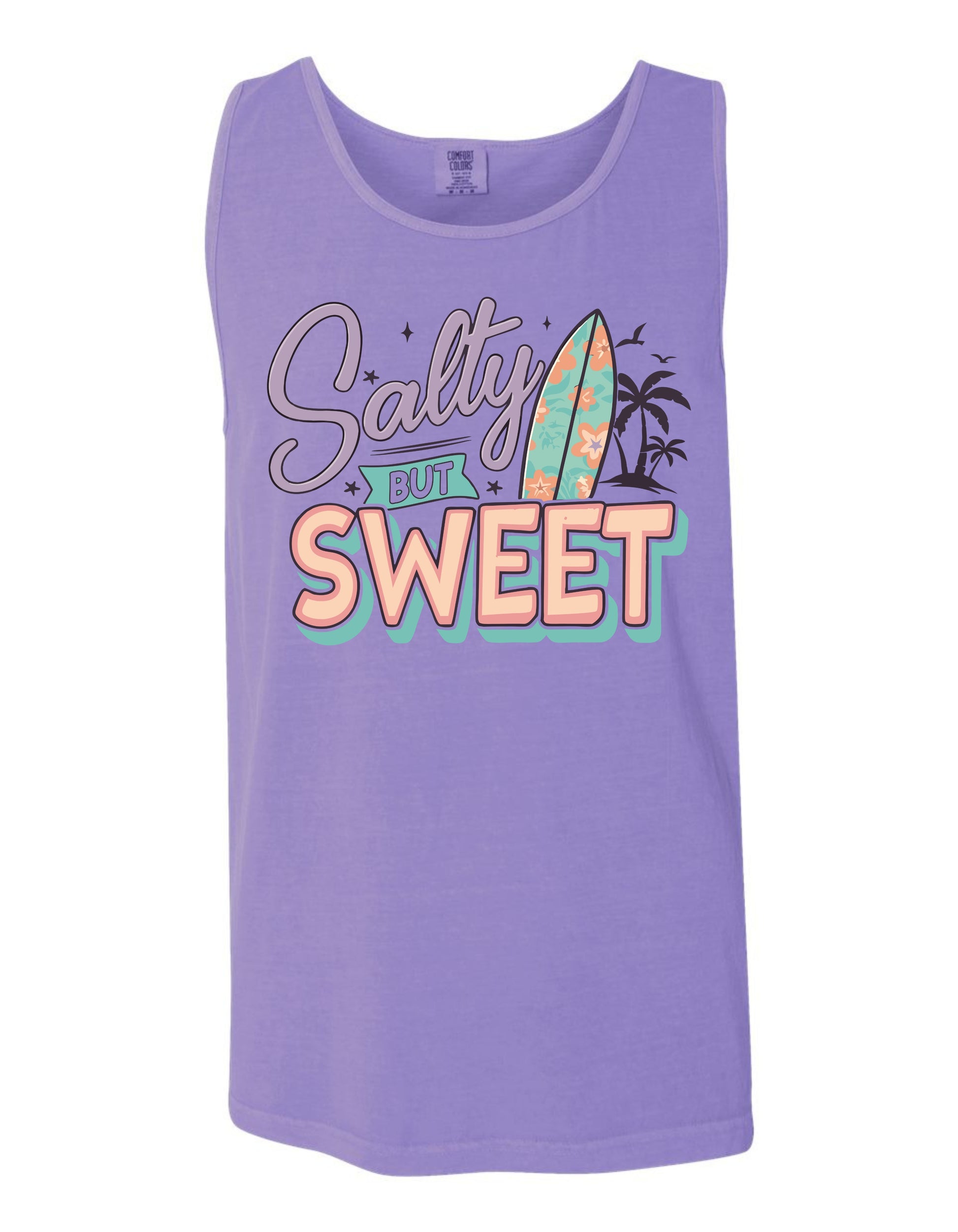 A purple tank top with a graphic design featuring a surfboard and the text "Salt but sweet".