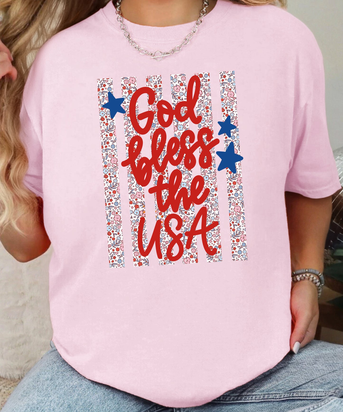 God Bless the USA Floral Flag Tee | Comfort Colors Patriotic Shirt