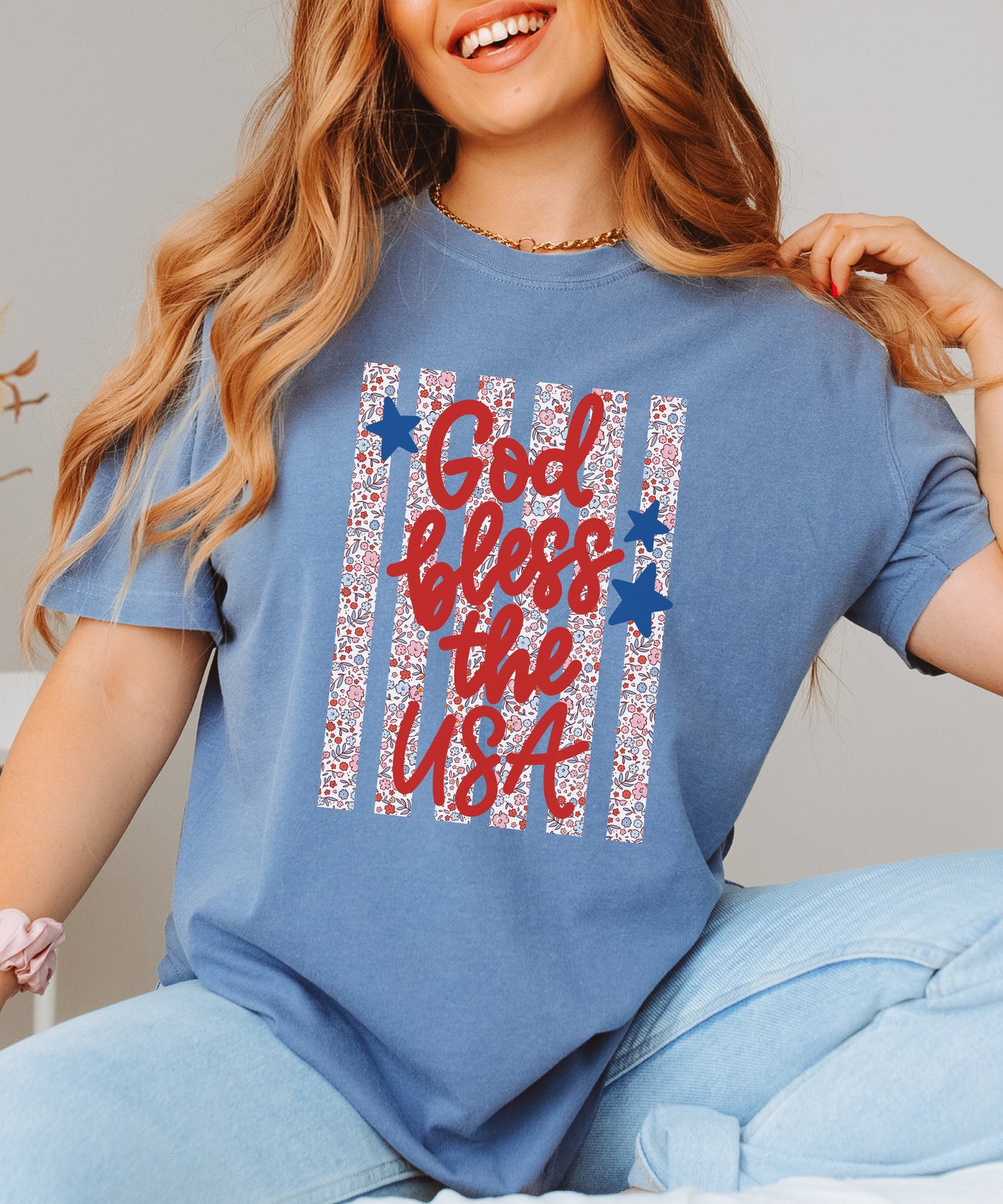 God Bless the USA Floral Flag Tee | Comfort Colors Patriotic Shirt
