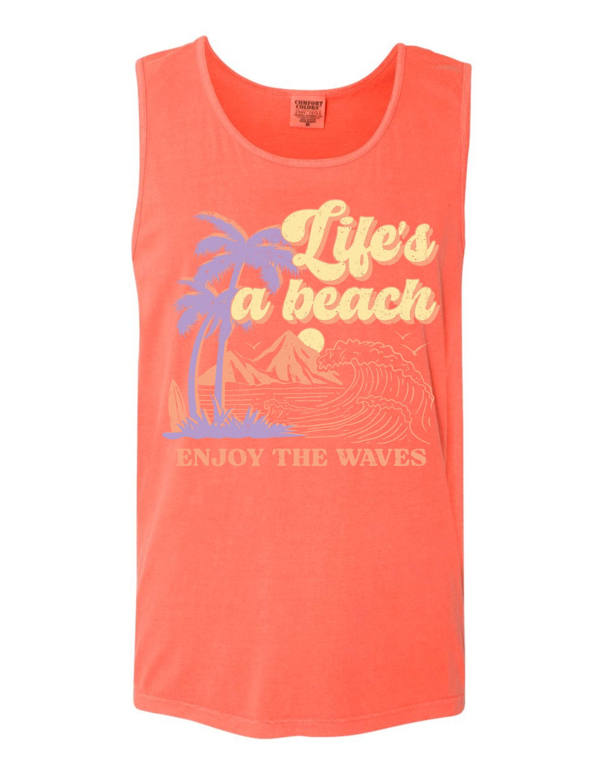 A bright orange tank top with a graphic design depicting palm trees, mountains, and waves, along with the text "Life's a beach, Enjoy the waves" printed on it.