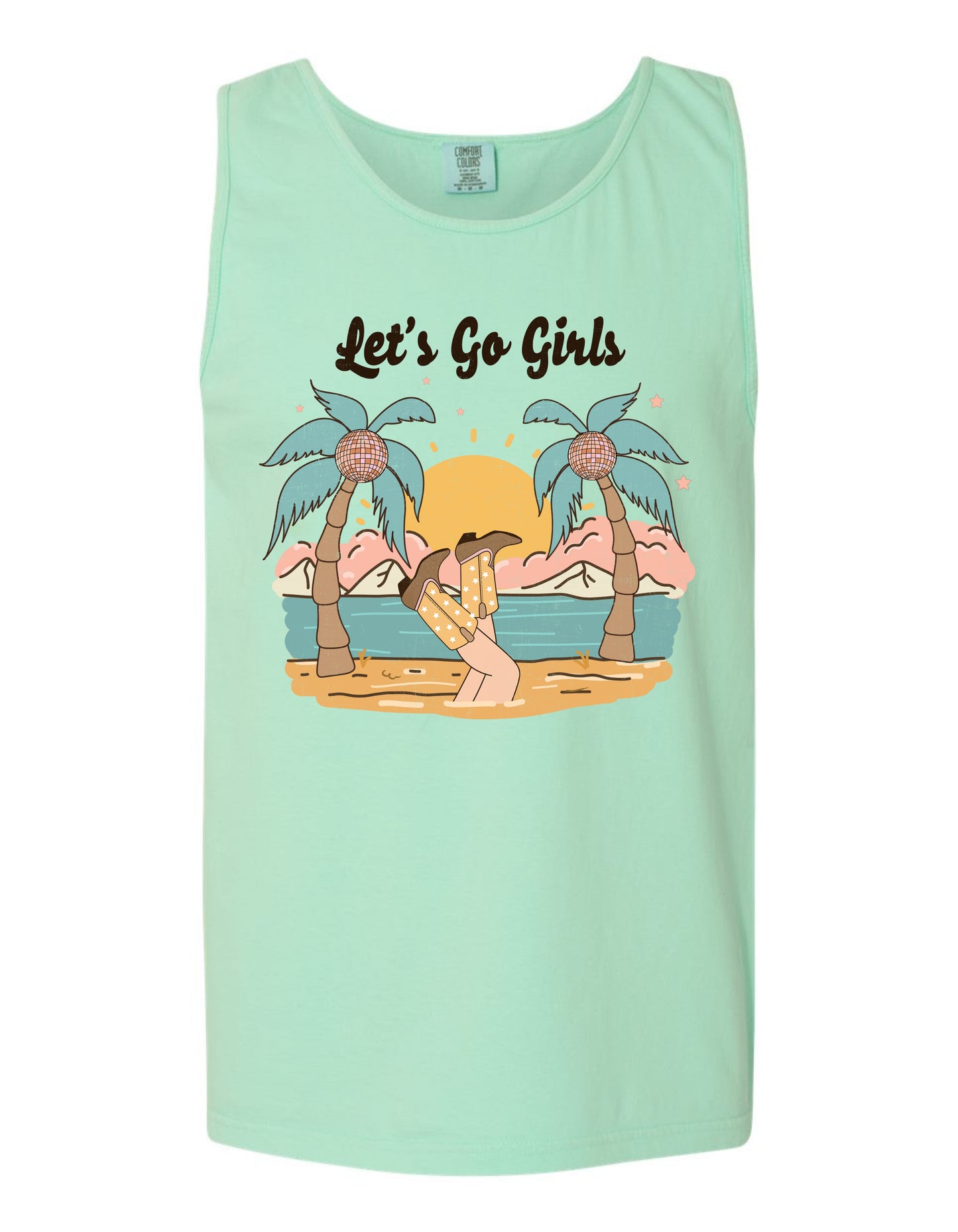 A light green tank top with a graphic design depicting a beach scene with palm trees, a sunset, and a person sitting on the beach.