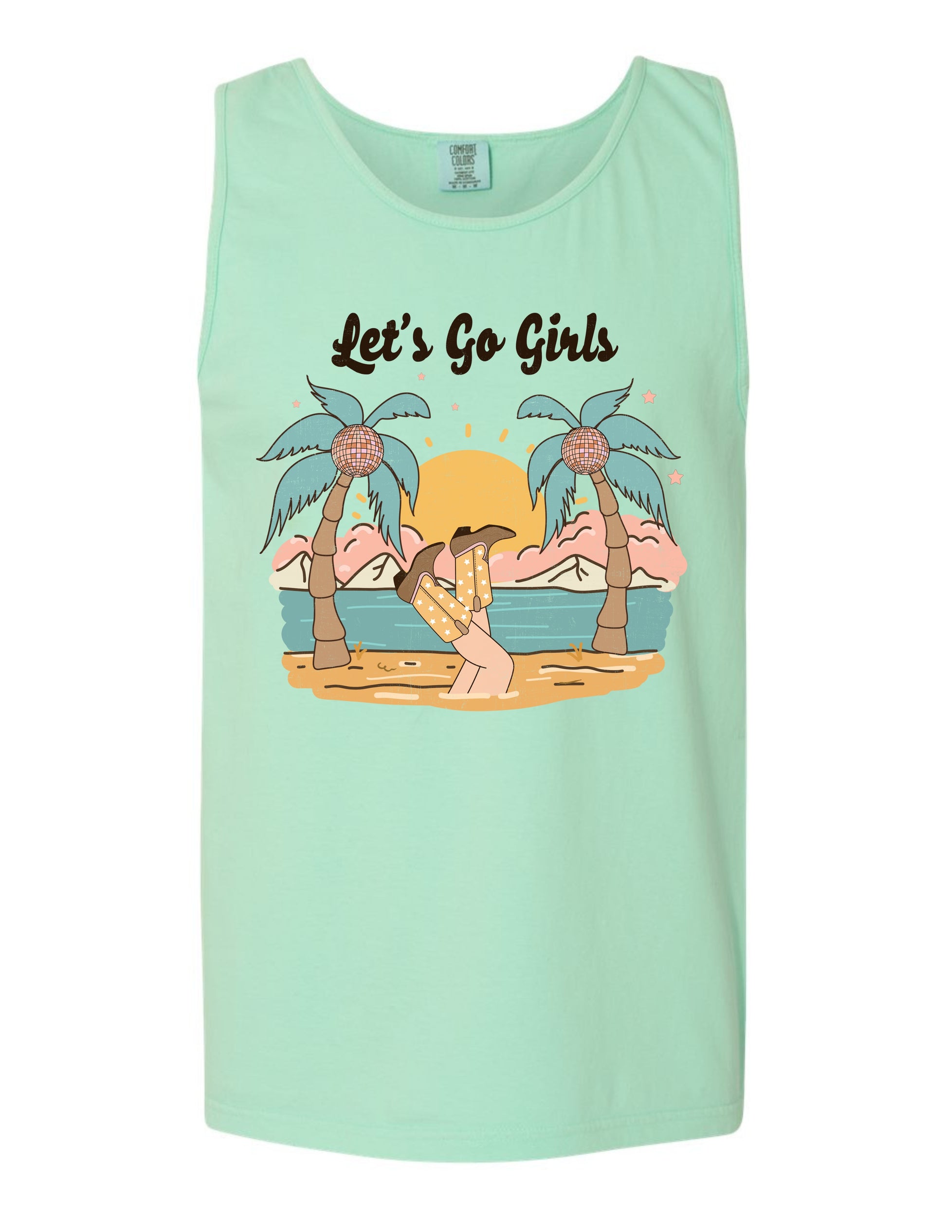 A light green tank top with a graphic design depicting a beach scene with palm trees, a sunset, and a person sitting on the beach.