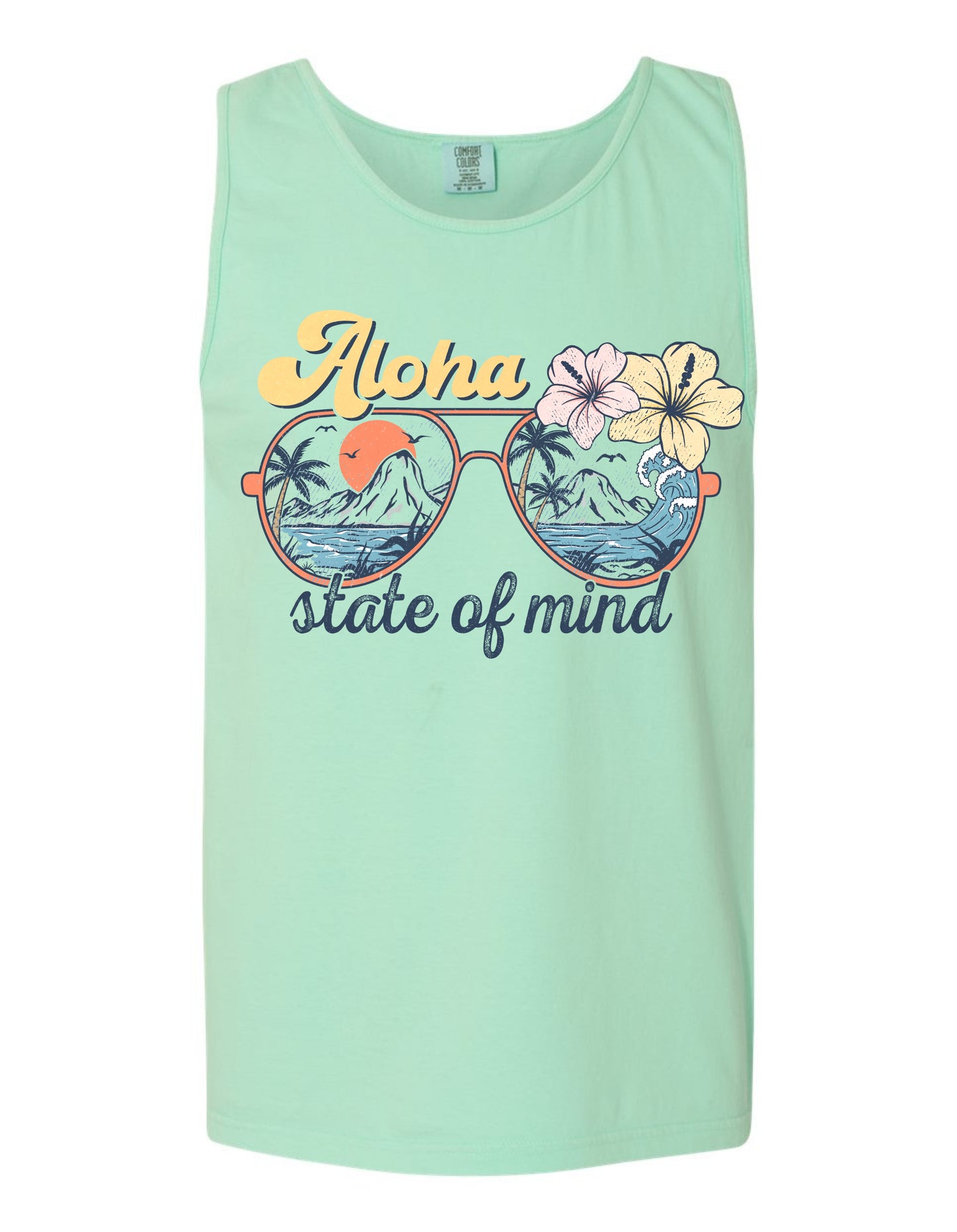 A mint green tank top with a graphic design featuring sunglasses, flowers, and the text "Aloha state of mind" printed on it.